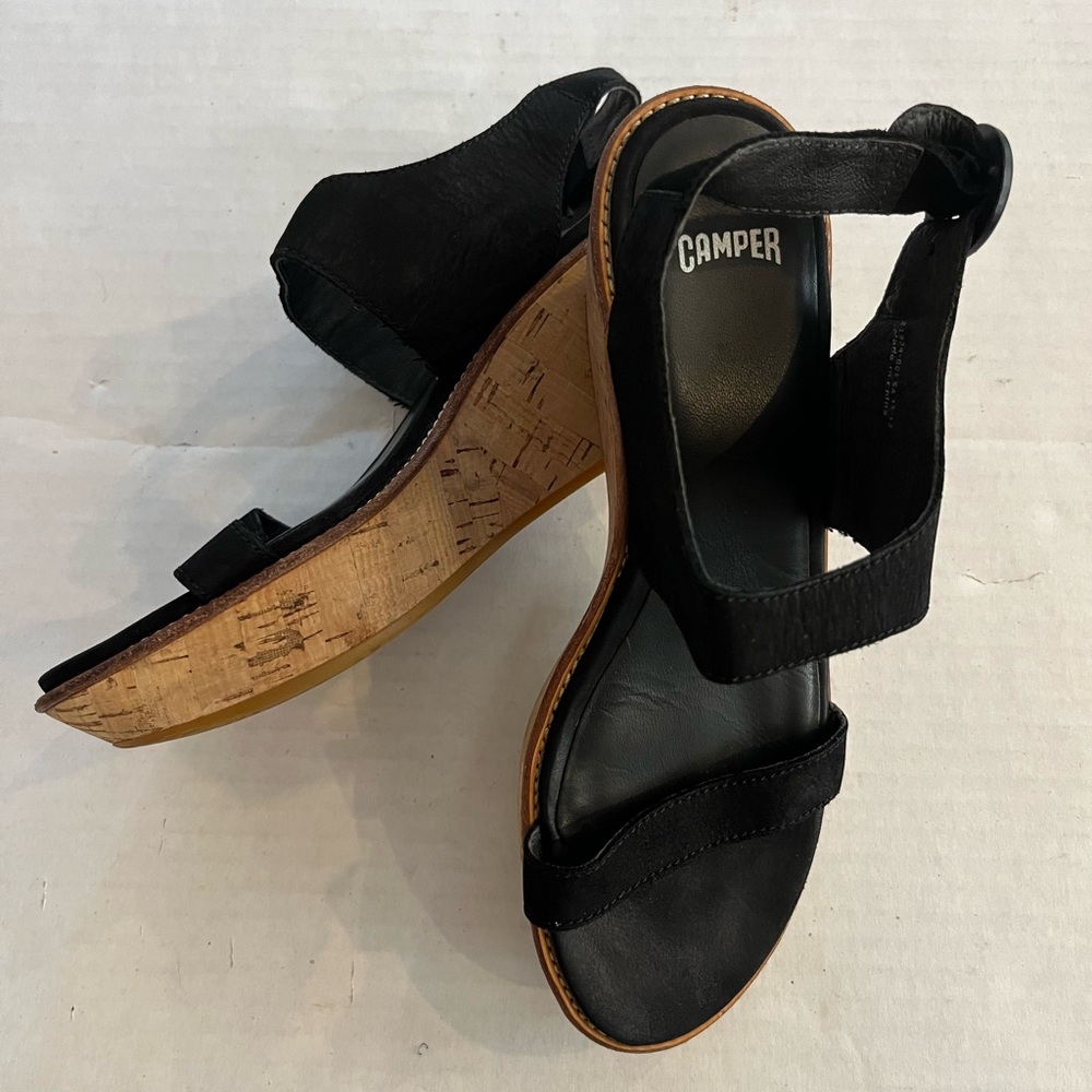 Camper Damas black wedge platform cork sandals buckle closure size 37 EU